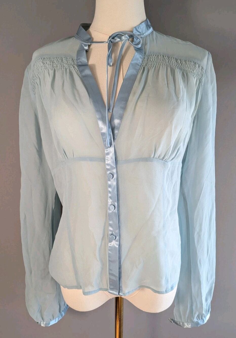 City UNLTD Blue 100% Silk Blouse Sz 4 Tie Neck Sheer Long Sleeve Buttton Top